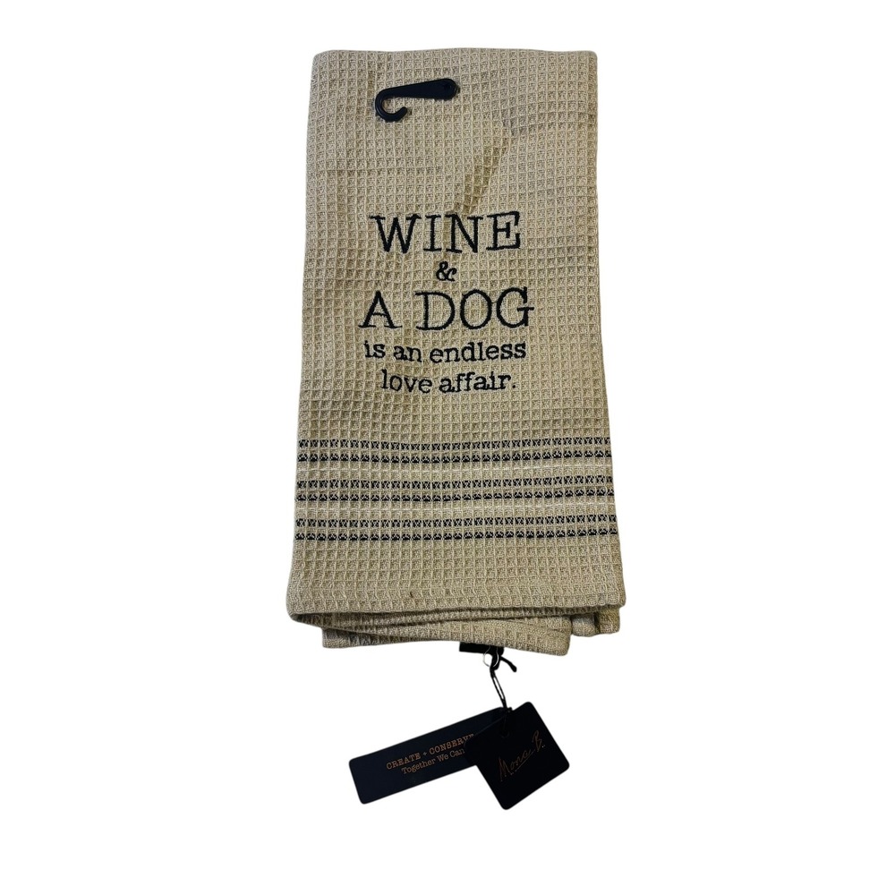 Mona B Wine & A Dog Endless Love Affair Waffle Weave Kitchen Towel Tan New